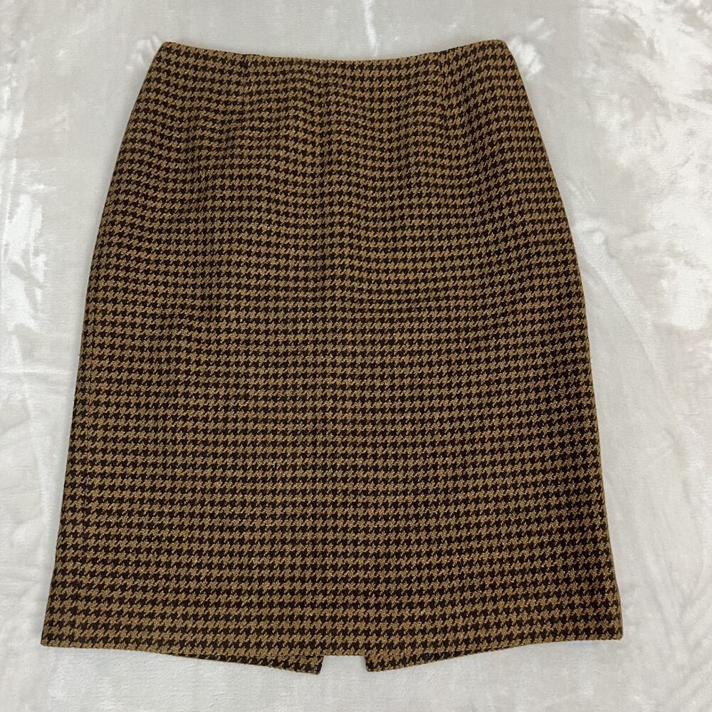 VTG Talbots Skirt Womens 10 Brown Houndstooth Pencil Wool Silk Cashmere Academia